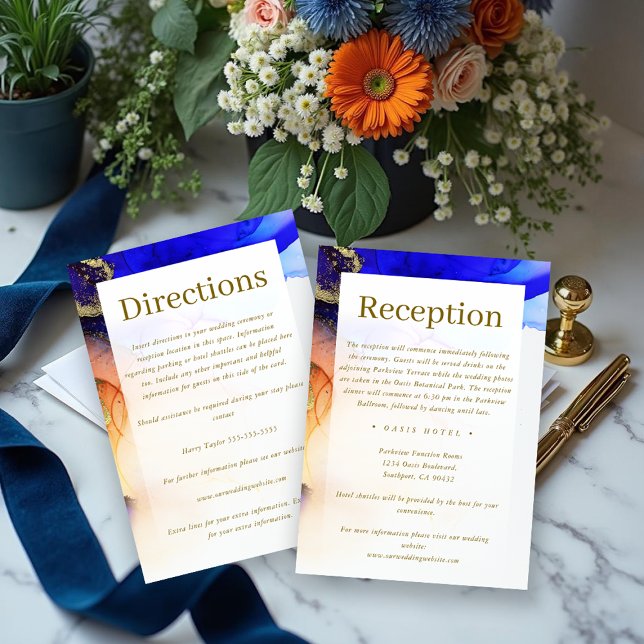 Chic Sapphire Blue Orange Guld Bröllop Tilläggskort (Chic Sapphire Blue Orange Gold Wedding Enclosure Card.)