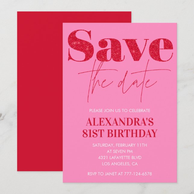 Chic Save the date Red Pink 81st birthday Inbjudningar (Fram/baksida)