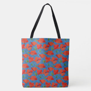 Chic Scarlet Fält Poppies-Blommönstret på Blue Tygkasse