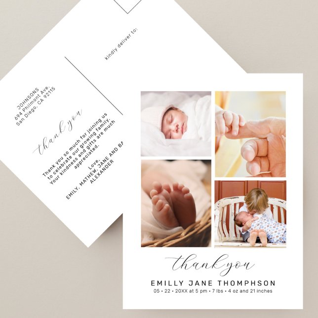 Chic Script 4 Foto Collage Baby Shower Tackkort Vykort (Skapare uppladdad)