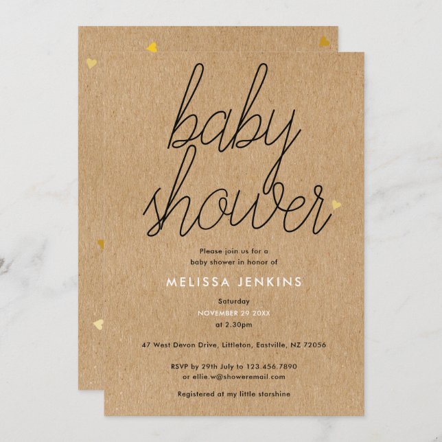 Chic Script Baby Shower Guld Hearts Rustic Kraft Inbjudningar (Fram/baksida)