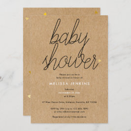 Chic Script Baby Shower Guld Hearts Rustic Kraft Inbjudningar