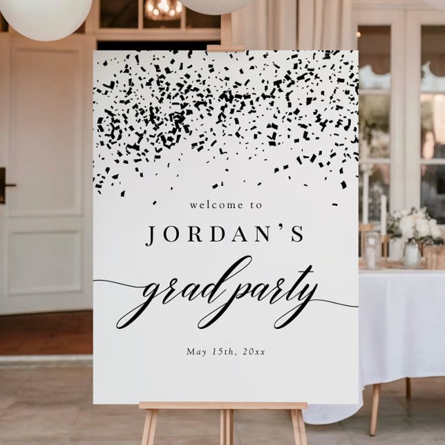 Chic Script Black Confetti Graduation Party Sign Poster (Skapare uppladdad)