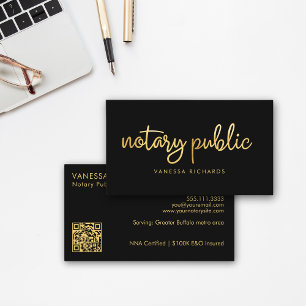 Chic Script Black & Guld Notary Namn Modern QR Visitkort