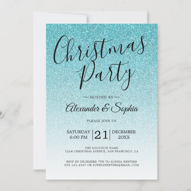 Chic Script Blue Glitter Ombre jul Party Inbjudningar (Framsida)