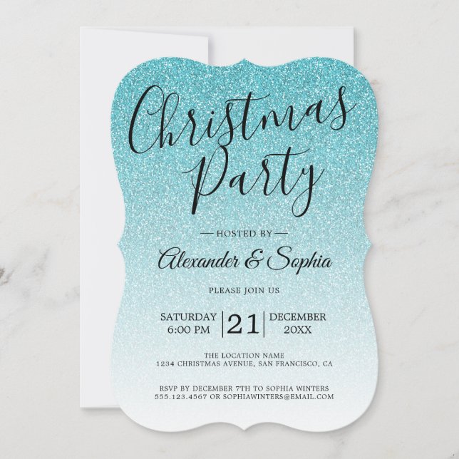 Chic Script Blue Glitter Ombre jul Party Inv Inbjudningar (Framsida)