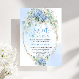 Chic Script Blue Hydrangea Gold Sweet Sixteen Inbjudningar
