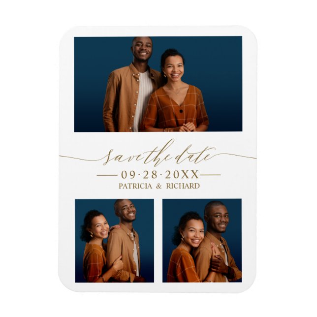 Chic Script Bröllop spara datum 3 Photo Collage Magnet (Vertikal)