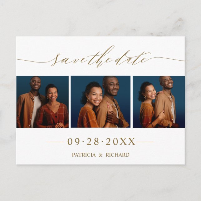Chic Script Bröllop spara datum 3 Photo Collage Vykort (Framsida)