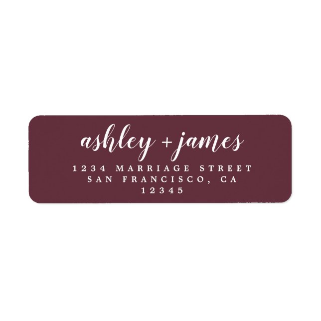 Chic Script Burgundy Bröllop Returadress Etikett (Framsidan)
