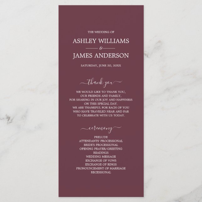 Chic Script Burgundy Simple Minimal Bröllop Program (Framsida)