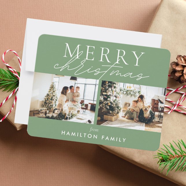 Chic Script Calligraphy God jul Two Photo Anteckningskort (Skapare uppladdad)