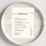Chic Script Cream Wedding Reception Meny<br><div class="desc">På middagsmenyn för bröllopsmiddag för chic kräm med "meny" i ett kalligrafiskt skript med dekorationer,  din anpassade meny i enkel modern typografi,  ditt första namn gått med av ett hjärta och ditt mottagningsdatum.</div>