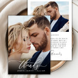 Chic Script Elegant 2 Photo Bröllop - tackkort Tack Kort<br><div class="desc">Elegant Modern Boho Calligraphy Script 2 Photo Bröllop - tackkort. Snyggt Chic bröllop tackar dig för att du har en lodrät på framsidan med texten "Tack" i ett litet, snabbt och snävt tecken på typografi, ett typsnitt i svan som byts ut mot fullt i vit övertäckning på bild och ett...</div>