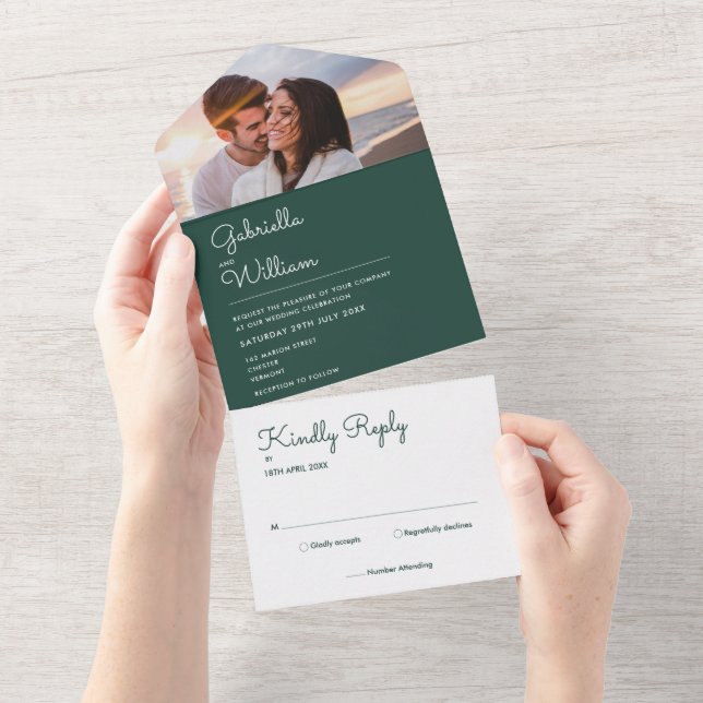 Chic Script Emerald Green Monogram Foto Bröllopsin (Avrivbar del)