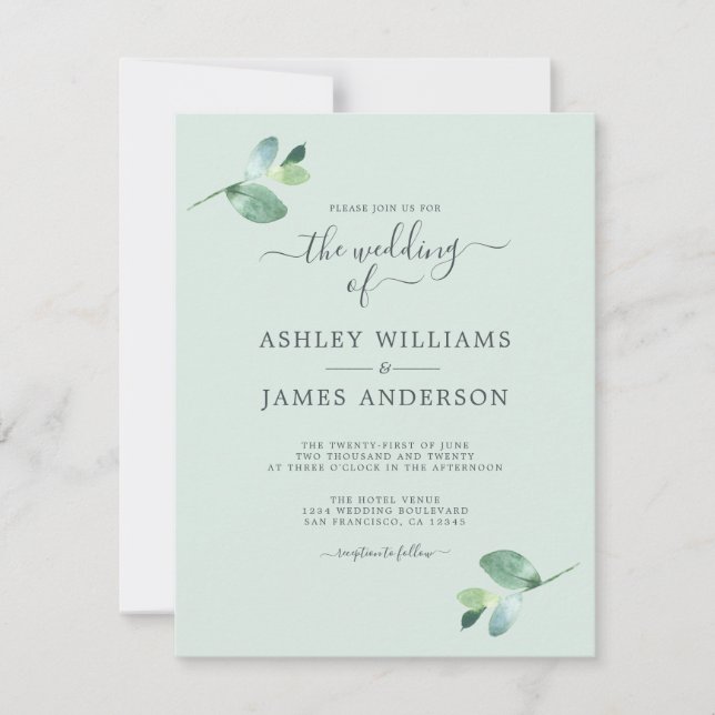 Chic Script Eucalyptus Foliage Minimal Bröllop Inbjudningar (Framsida)