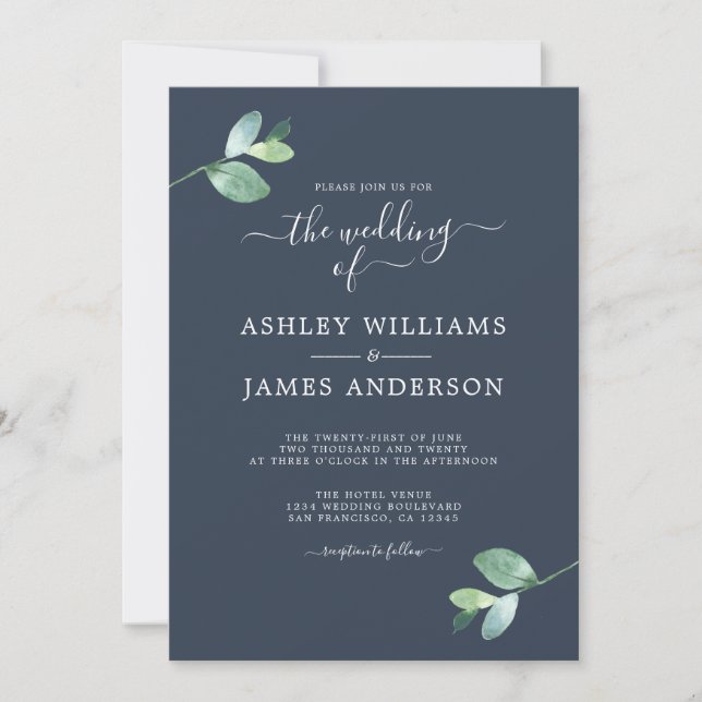 Chic Script Eucalyptus Foliage Minimal Bröllop Inbjudningar (Framsida)