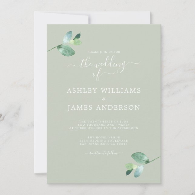 Chic Script Eucalyptus Foliage Minimal Bröllop Inbjudningar (Framsida)