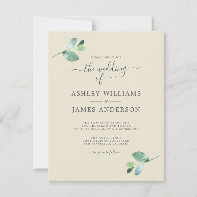 Chic Script Eucalyptus Foliage Minimal Bröllop Inbjudningar (Framsida)