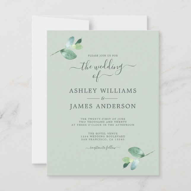Chic Script Eucalyptus Foliage Minimal Bröllop Inbjudningar (Framsida)