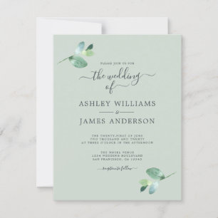 Chic Script Eucalyptus Foliage Minimal Bröllop Inbjudningar