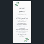 Chic Script Eucalyptus Foliage Minimal Bröllop Meny<br><div class="desc">Chic minimal meny bröllop med kalligrafi av mörk elegant och en snyggt av grönt eucalyptus foliage på vit bakgrund. Lägg bara till menyinformation för bröllop. Enbart designad för dig av Lycklig Dolphin Studio.</div>