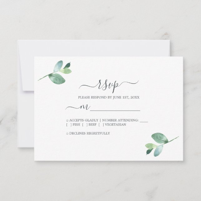 Chic Script Eucalyptus Foliage Minimal Bröllop OSA Kort (Framsida)
