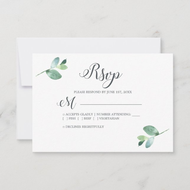 Chic Script Eucalyptus Foliage Minimal Bröllop OSA Kort (Framsida)