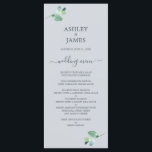 Chic Script Eucalyptus Foliage Pastel Blue Bröllop Meny<br><div class="desc">Elegant enkel meny bröllop med mörk blått handskriven manusgrafi med chic och en snyggt av grönt eucalyptus foliage på en pastellblå bakgrund. Lägg bara till dina uppgifter om bröllop. Enbart designad för dig av Lycklig Dolphin Studio. Om du har några frågor eller förfrågningar kan du kontakta oss på happydolphinstudio@outlook.com. Vi...</div>