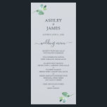 Chic Script Eucalyptus Foliage Pastel Blue Bröllop Meny<br><div class="desc">Elegant enkel meny bröllop med mörk blått handskriven manusgrafi med chic och en snyggt av grönt eucalyptus foliage på en pastellblå bakgrund. Lägg bara till dina uppgifter om bröllop. Enbart designad för dig av Lycklig Dolphin Studio. Om du har några frågor eller förfrågningar kan du kontakta oss på happydolphinstudio@outlook.com. Vi...</div>