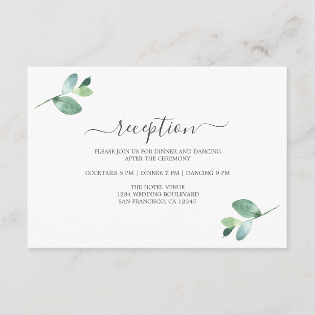 Chic Script Eucalyptus Foliage Wedding Reception Tilläggskort (Framsida)