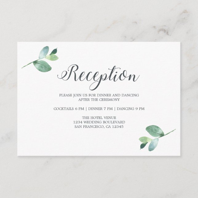 Chic Script Eucalyptus Foliage Wedding Reception Tilläggskort (Framsida)