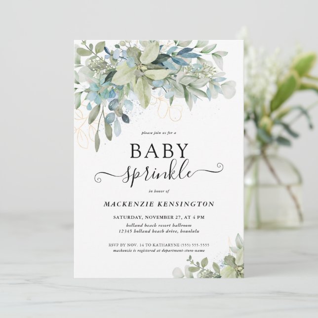 Chic Script Eucalyptus Greenery Baby Sprinkle Inbjudningar (Stående Fram)