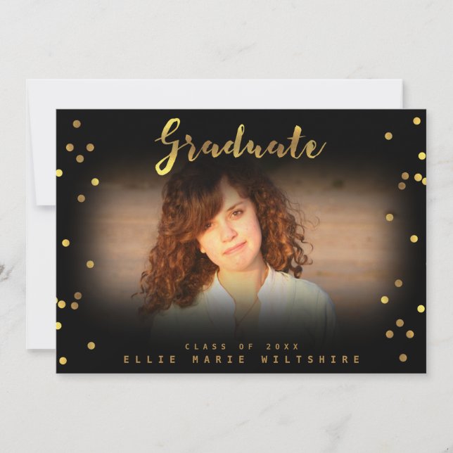 Chic Script Faux Gold Foil Confetti Student Photo Inbjudningar (Framsida)
