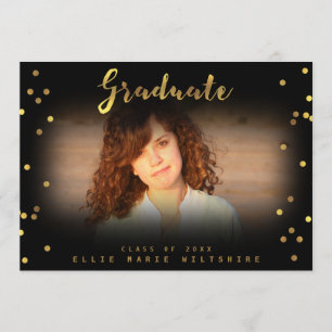 Chic Script Faux Gold Foil Confetti Student Photo Inbjudningar