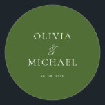 Chic Script Forest Green Minimalist Wedding Runt Klistermärke<br><div class="desc">Add a personal and elegant touch to your wedding favors, envelopes, or packaging with this minimalist round sticker featuring your custom name in a graceful script font. Designed to complement a modern and timeless wedding theme, this classic forest green and white design pairs beautifully with any part of your celebration....</div>