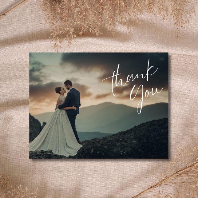 Chic Script Foto Bröllop Tacksamhet  Vykort (Chic Script Photo Wedding Thank You Postcard )