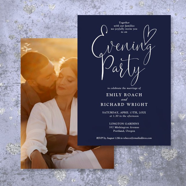 Chic Script Foto Navyblå Bröllop Kvällsfest Inbjudningar (Chic Script Photo Navy Blue Wedding Evening Party Invitation)