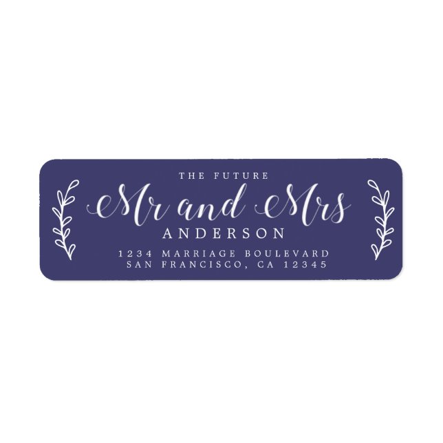 Chic Script Future Mr. Mrs Navy Blue Returadress Etikett (Framsidan)