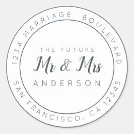 Chic Script Future, Mrs Bröllop Returadress Runt Klistermärke