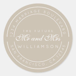 Chic Script Future, Mrs Bröllop Returadress Runt Klistermärke