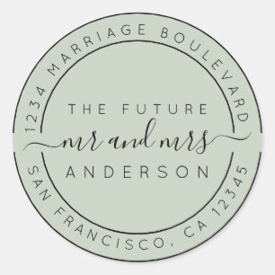Chic Script Future, Mrs Bröllop Returadress Runt Klistermärke