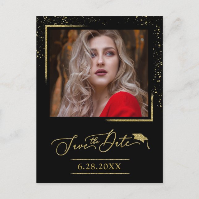 Chic Script Grad Party sparar datum Guld Glitter Vykort (Framsida)