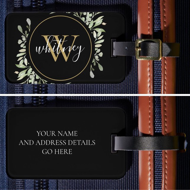 Chic Script Grönska Guld Monogram Svart Bagagebricka (Chic Script Greenery Gold Monogram Black Luggage Tag)