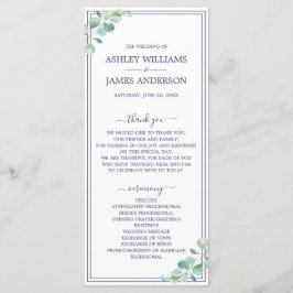 Chic Script Grönt Foliage Navy Blue Gräns Bröllop Program