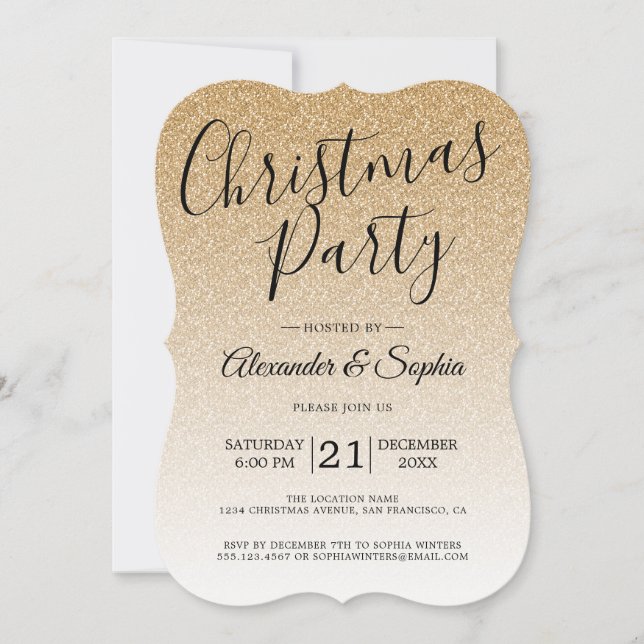 Chic Script Guld Glitter Ombre Julfest Inbjudningar (Framsida)