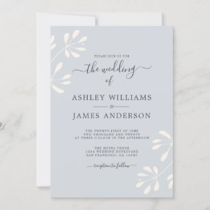 Chic Script Ivory Foliage Pastel Blue Bröllop Inbjudningar