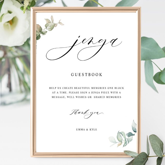 Chic Script Jenga Greenery Bröllop Guestbook-tecke Poster (Skapare uppladdad)