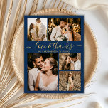 Chic Script Kärlek och Tack Bröllop Tack Pos Vykort<br><div class="desc">Elegant, vykort för Tack med minimalistiskt Guld och marint skript Bröllop 5 Photo Collage. Modern bröllop tackar dig för att du har en kortmall med fem (5) foto på framsidan och ett (1) foto på baksidan. Med texten "Kärlek och tack" i ett snabbt skrivet typsnitt för typografi i guld på...</div>