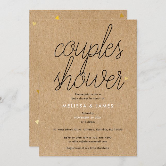 Chic Script Kraft Guld Hearts Par Baby Shower Inbjudningar (Fram/baksida)